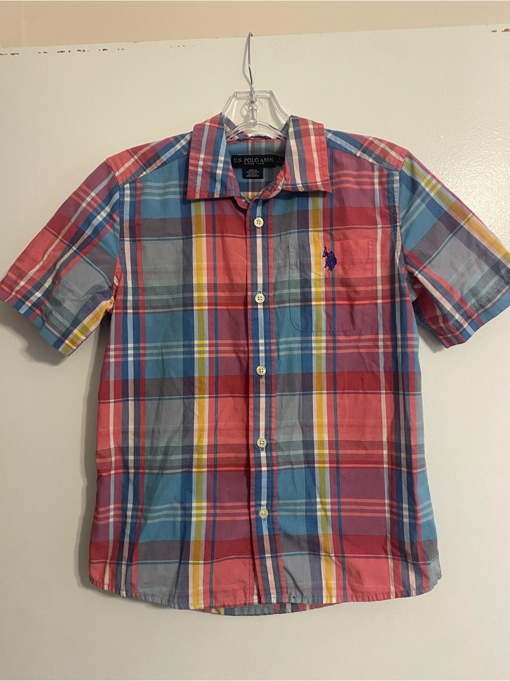 US Polo Assn Plaid Short Sleeve Button Down Shirt- Size L (10/12)